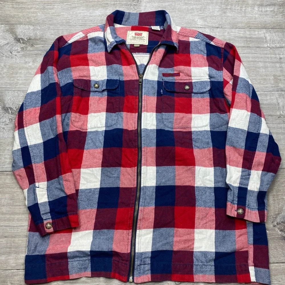 Levi's Zip Up Flannel Shirt Mens L Red Blue Plaid Cotton Long Sleeve Button